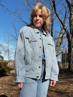 Vintage Hickory Striped Navy and White Button-Up Cotton Jean Jacket